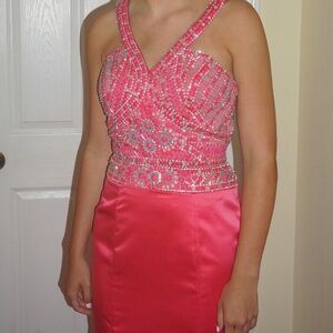Rachel Allan beaded pink prom dress—sz 8 -2 pc but stitched together by seamstre